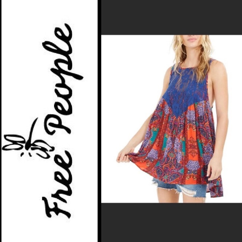 NEW WITH TAGS Free People Red Blue Floral Flowy Bohemian Tunic